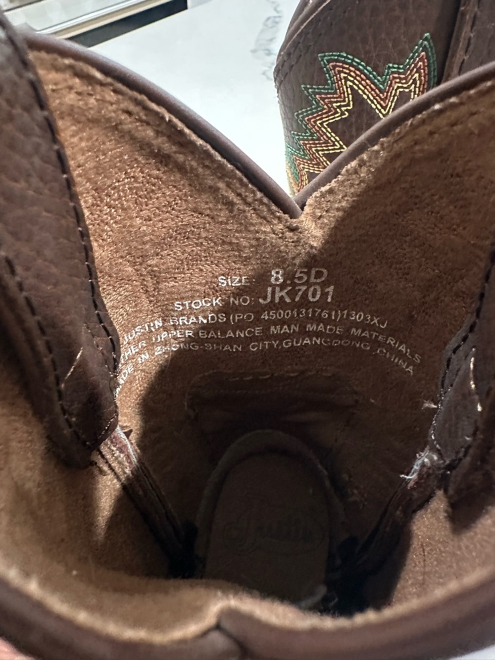 Justin Boots Brown Leather Western Boots with Multicolor Stitching - Picture 3 of 4
